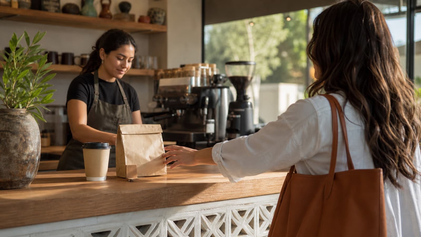 Cliente recogiendo un pedido listo en el mostrador de una cafetería